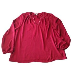 Michael Kors Blouse Women's XL Red Studded Neck Long Sleeve Casual Party Office